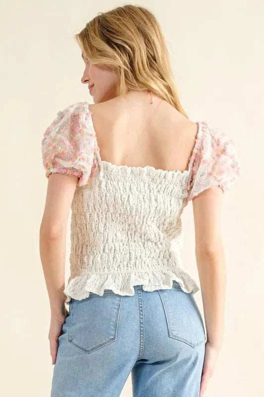 And The Why Embellishment Sleeve Smocked Top - Trendsi - Flyclothing LLC