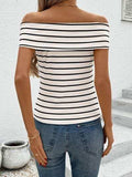 Perfee Striped Off-Shoulder Short Sleeve T-Shirt - Trendsi - Flyclothing LLC