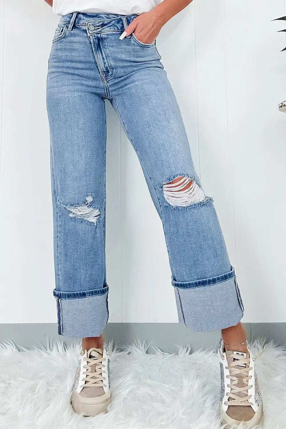 Distressed Straight Jeans with Pockets - Trendsi - Flyclothing LLC