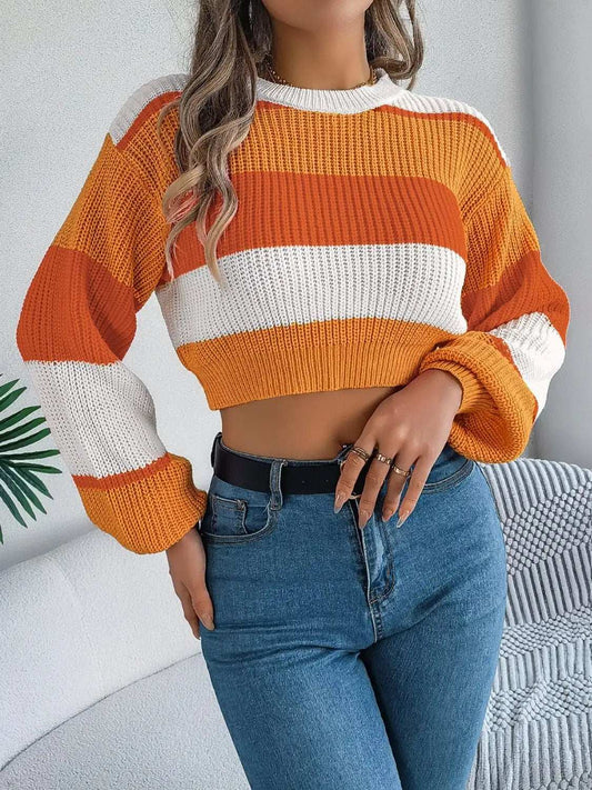 Color Block Round Neck Cropped Sweater - Trendsi - Flyclothing LLC