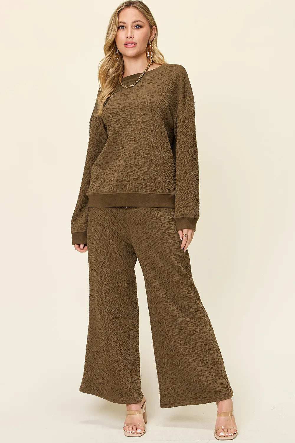 Double Take Full Size Texture Long Sleeve Top and Pants Set - Trendsi - Flyclothing LLC