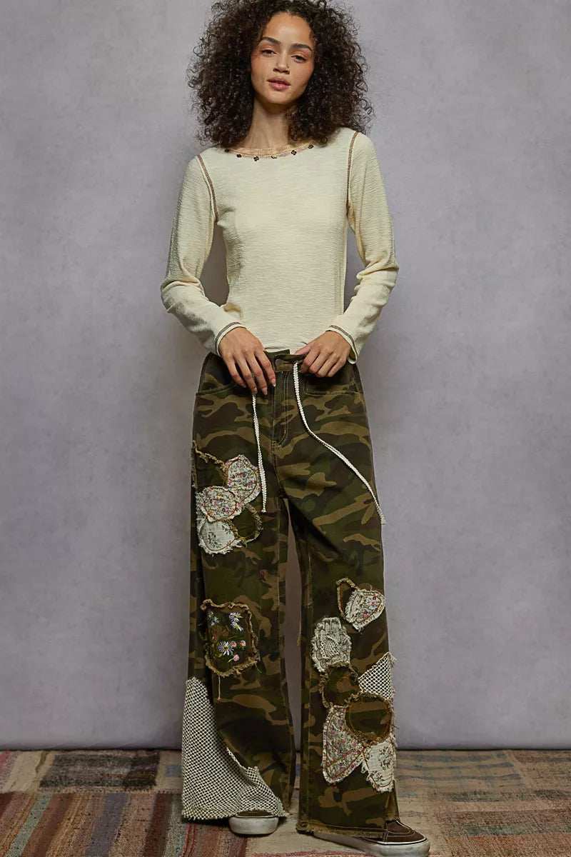 POL Round Neck Long Sleeve Contrast Stitching T-Shirt with Stud Detail - Trendsi - Flyclothing LLC