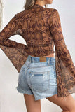 Printed Mock Neck Flare Sleeve Top - Trendsi - Flyclothing LLC