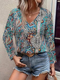 Printed V-Neck Long Sleeve Blouse - Trendsi - Flyclothing LLC