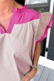 Color Block Notched Ruffled Cap Sleeve Blouse - Trendsi - Flyclothing LLC