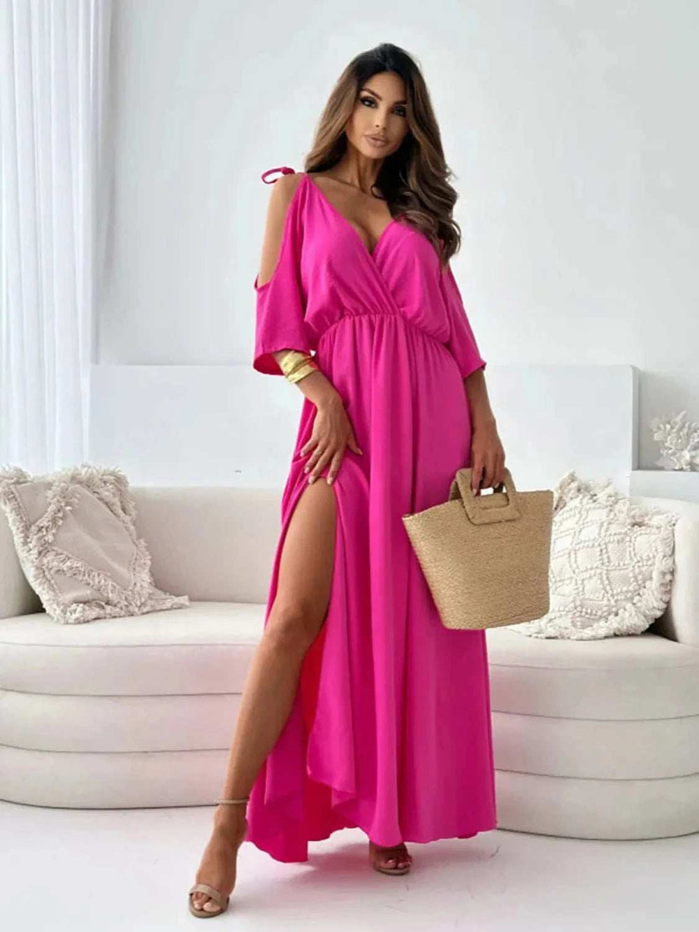 Tied Shoulder Slit Maxi Dress - Trendsi - Flyclothing LLC