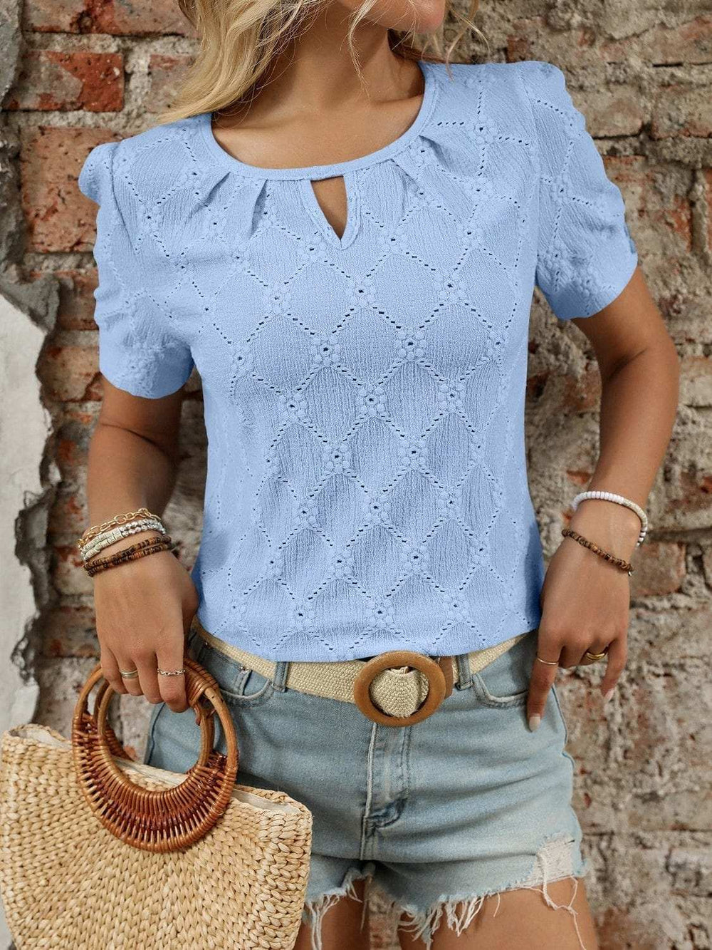 Eyelet Round Neck Short Sleeve Top - Trendsi - Flyclothing LLC