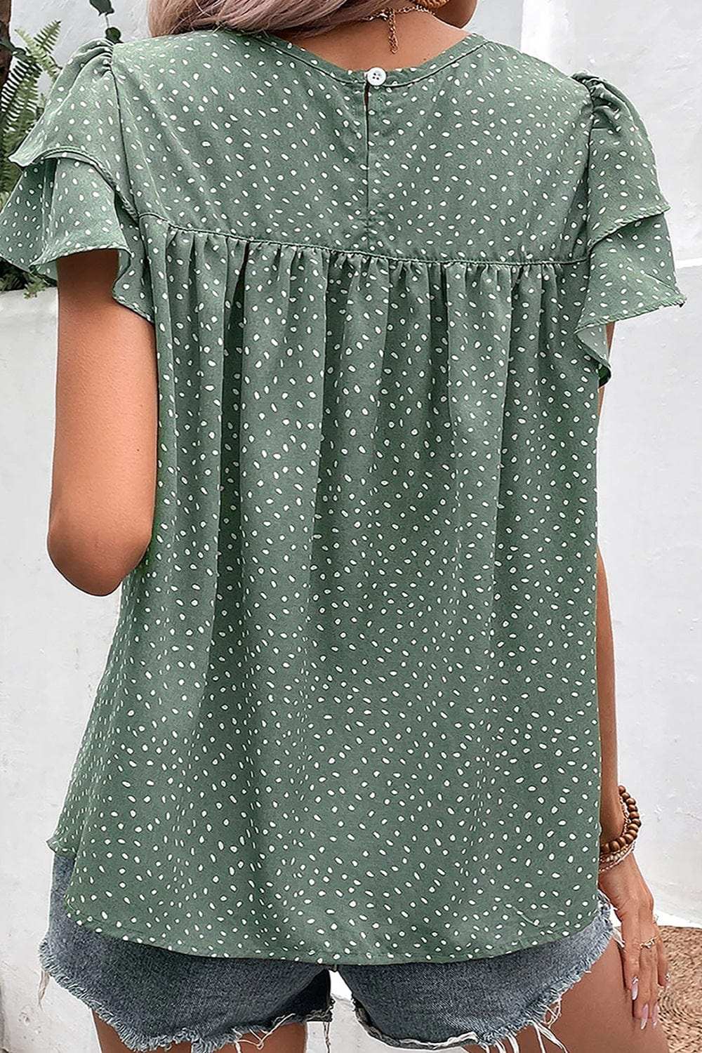 Ruffled Printed Round Neck Cap Sleeve Blouse - Trendsi - Flyclothing LLC