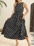 Polka Dot Round Neck Sleeveless Midi Dress - Trendsi - Flyclothing LLC