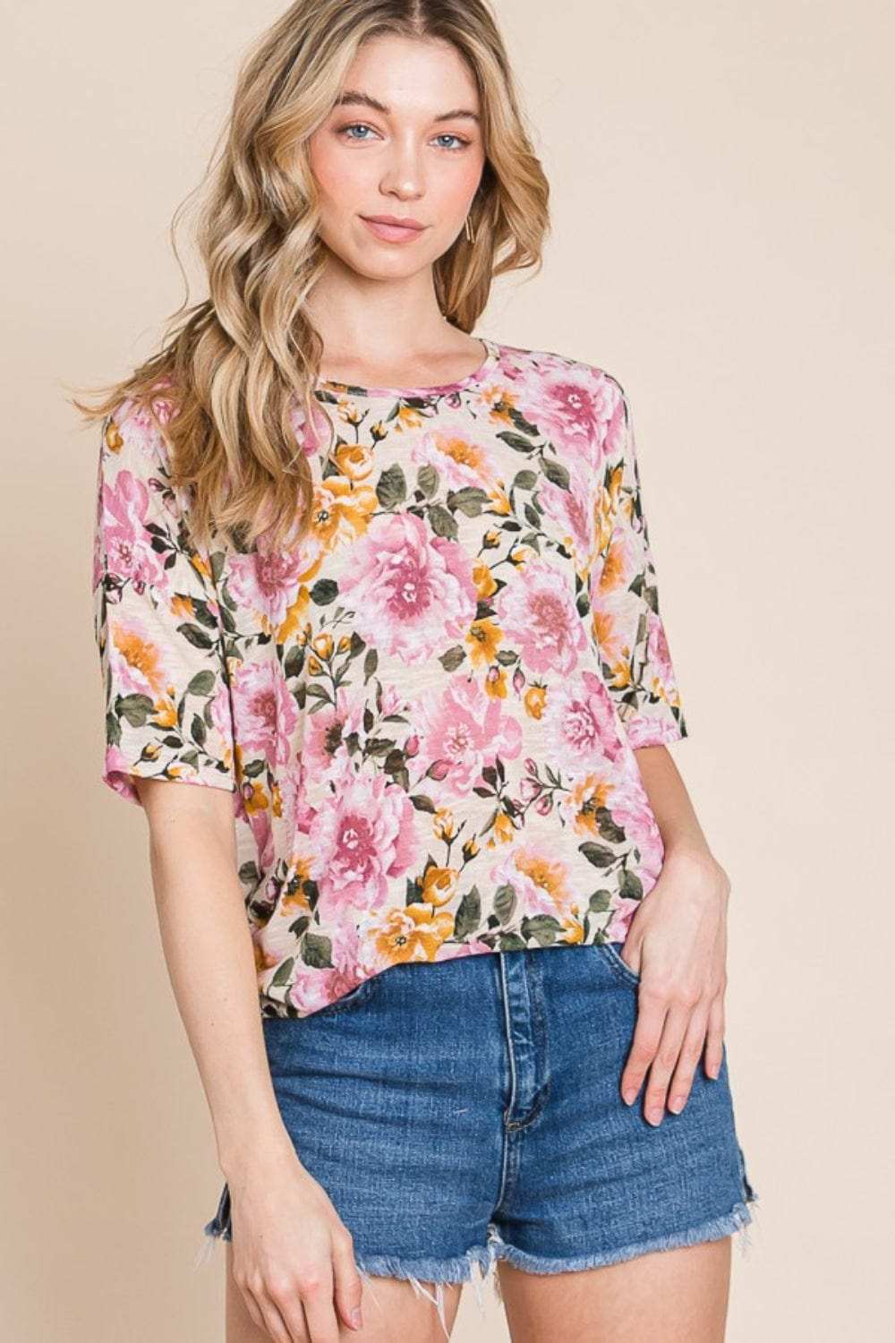 BOMBOM Floral Round Neck T-Shirt - Trendsi - Flyclothing LLC