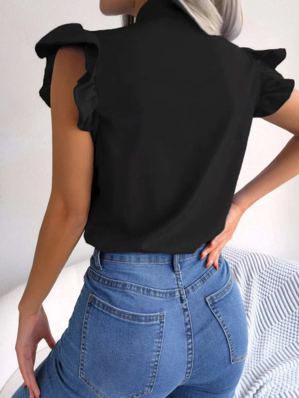 Ruffled Tie Neck Cap Sleeve Blouse - Trendsi - Flyclothing LLC