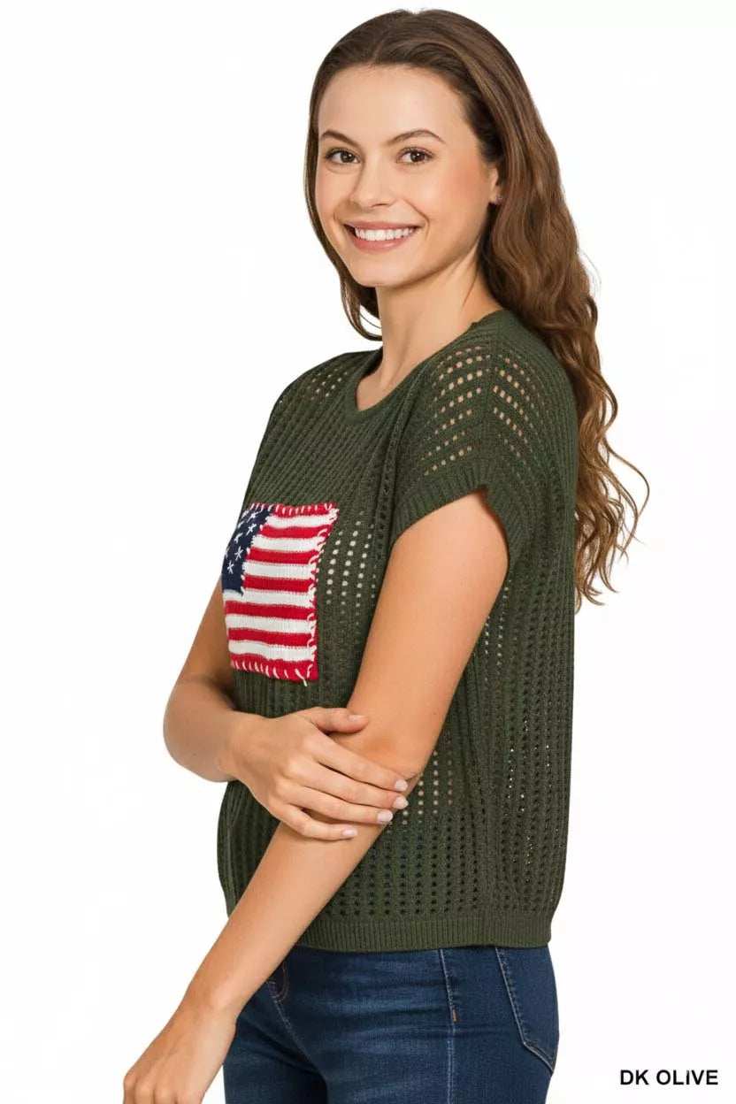 Zenana Viscose American Flag Openwork Knit Top - Trendsi - Flyclothing LLC
