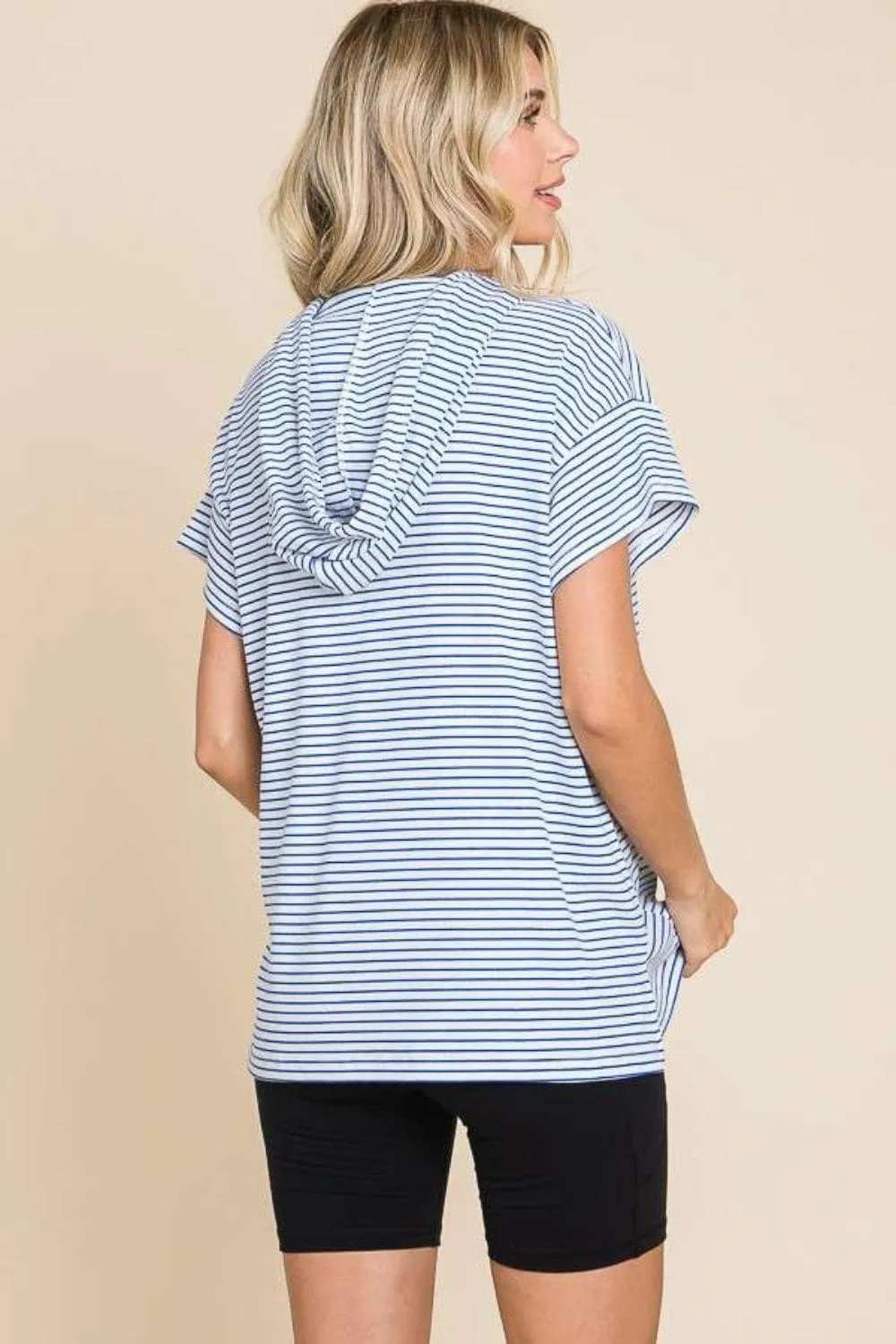 Culture Code Full Size Striped Short Sleeve Hooded Top - Trendsi - Flyclothing LLC