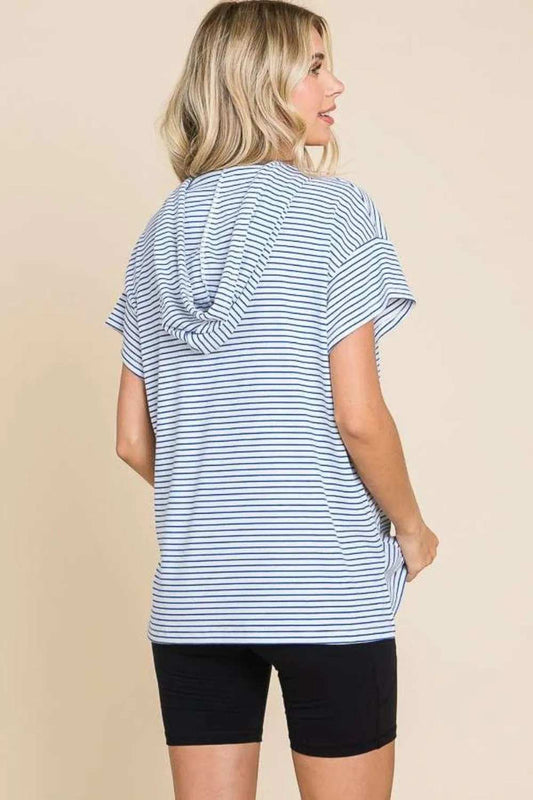 Culture Code Full Size Striped Short Sleeve Hooded Top - Trendsi - Flyclothing LLC
