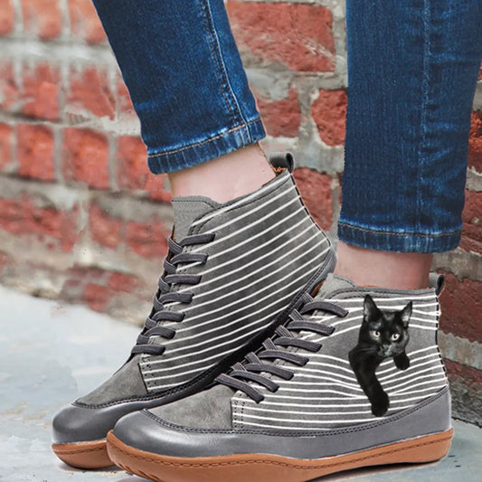 Cat Print Striped Ankle Sneakers - Trendsi - Flyclothing LLC