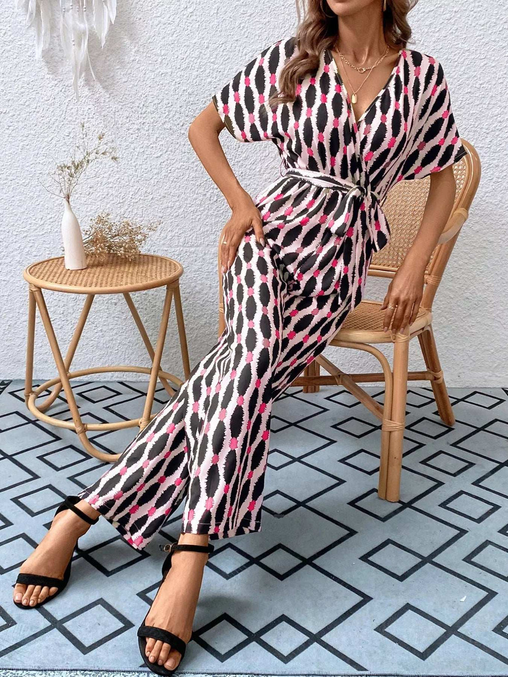 Printed Surplice Tie Waist Short Sleeve Jumpsuit - Trendsi - Flyclothing LLC
