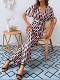 Printed Surplice Tie Waist Short Sleeve Jumpsuit - Trendsi - Flyclothing LLC