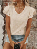 Eyelet V-Neck Ruffled Cap Sleeve Top - Trendsi - Flyclothing LLC