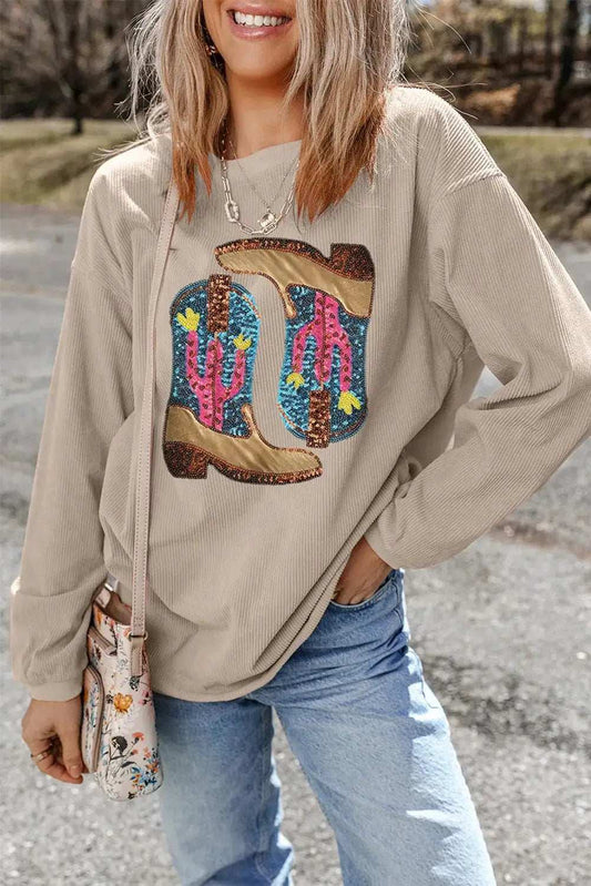 Full Size Sequin Boots Round Neck Long Sleeve Sweatshirt - Trendsi - Flyclothing LLC