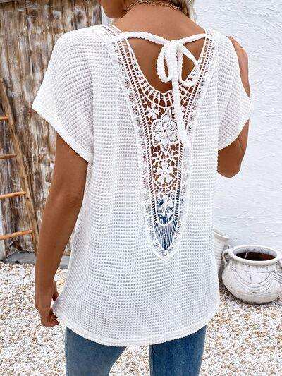 Lace Detail Round Neck Short Sleeve T-Shirt - Trendsi - Flyclothing LLC