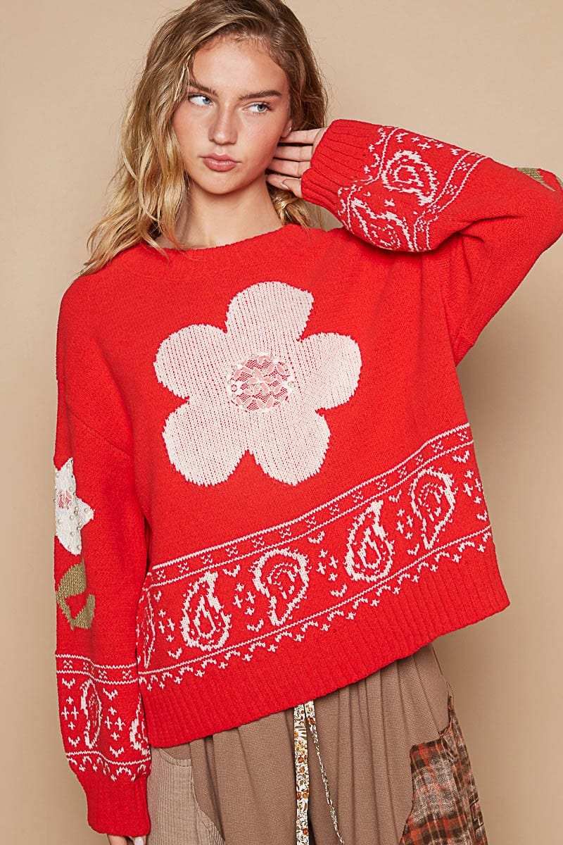 POL Flower Lace Patch Long Sleeve Sweater - Trendsi - Flyclothing LLC