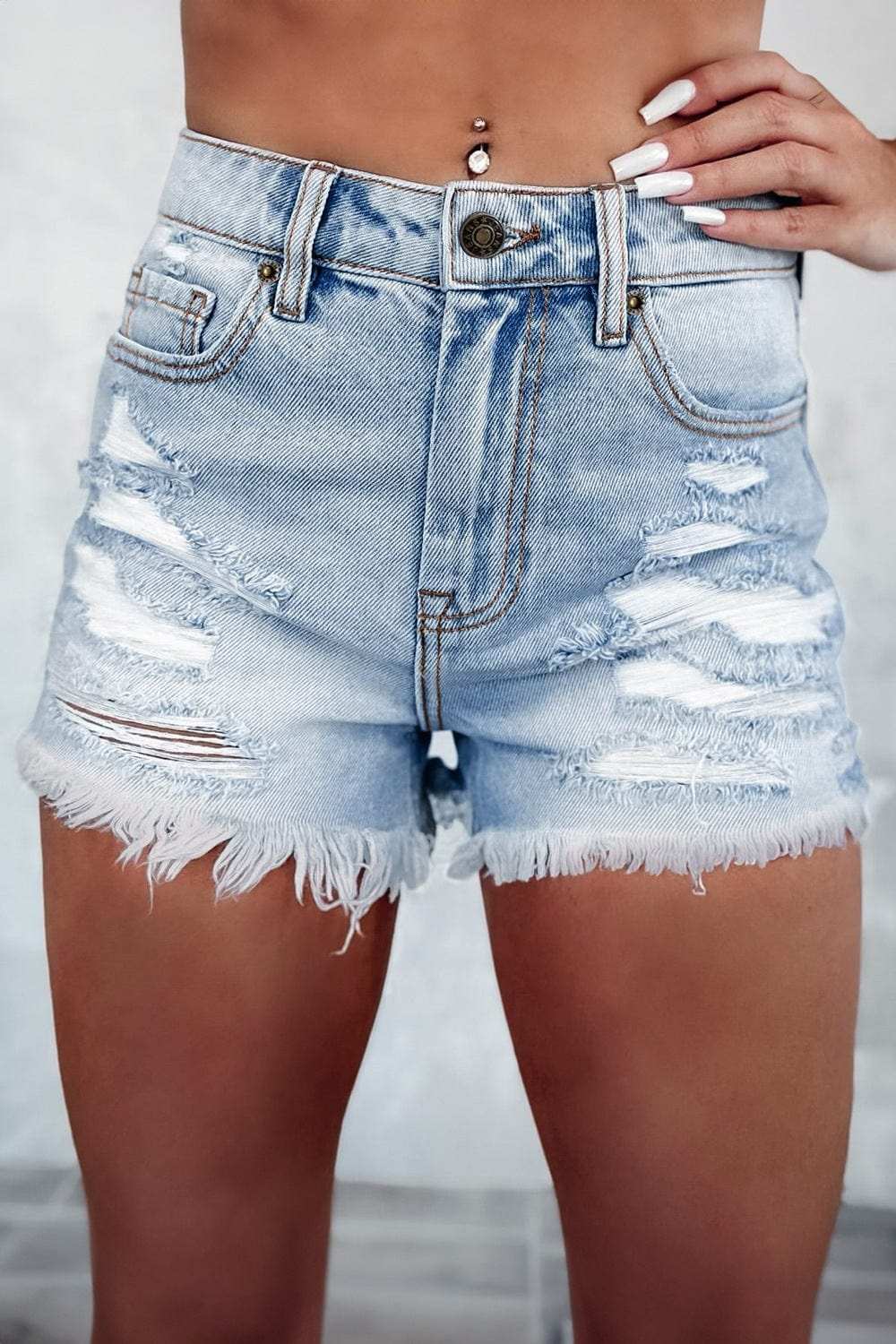 Distressed Raw Hem High Waist Denim Shorts - Trendsi - Flyclothing LLC