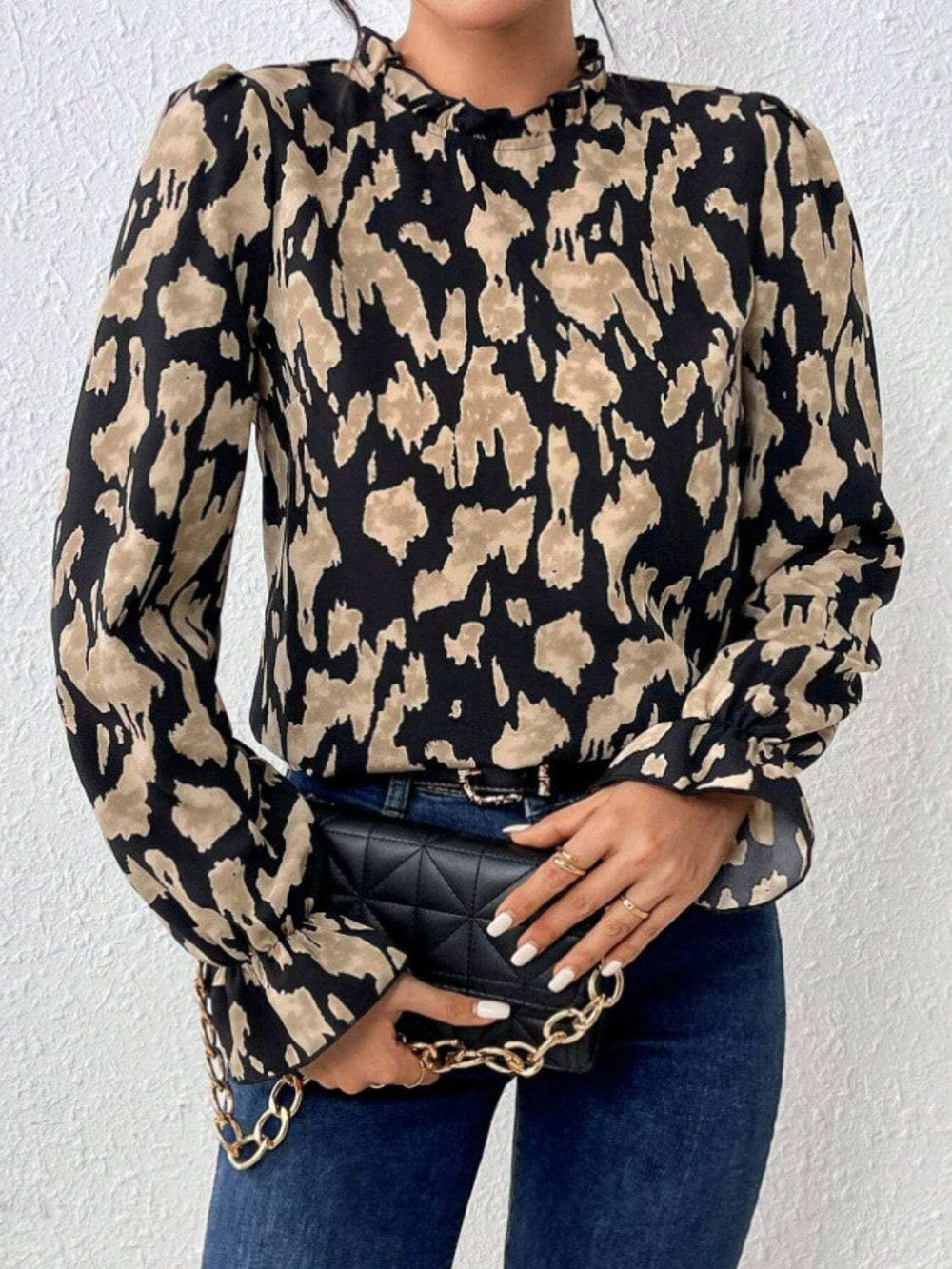 Frill Leopard Mock Neck Flounce Sleeve Blouse - Trendsi - Flyclothing LLC