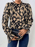 Frill Leopard Mock Neck Flounce Sleeve Blouse - Trendsi - Flyclothing LLC