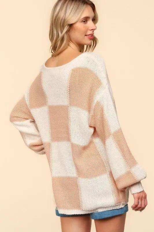 Haptics Full Size Checkered Round Neck Drop Shoulder Sweater - Trendsi - Flyclothing LLC