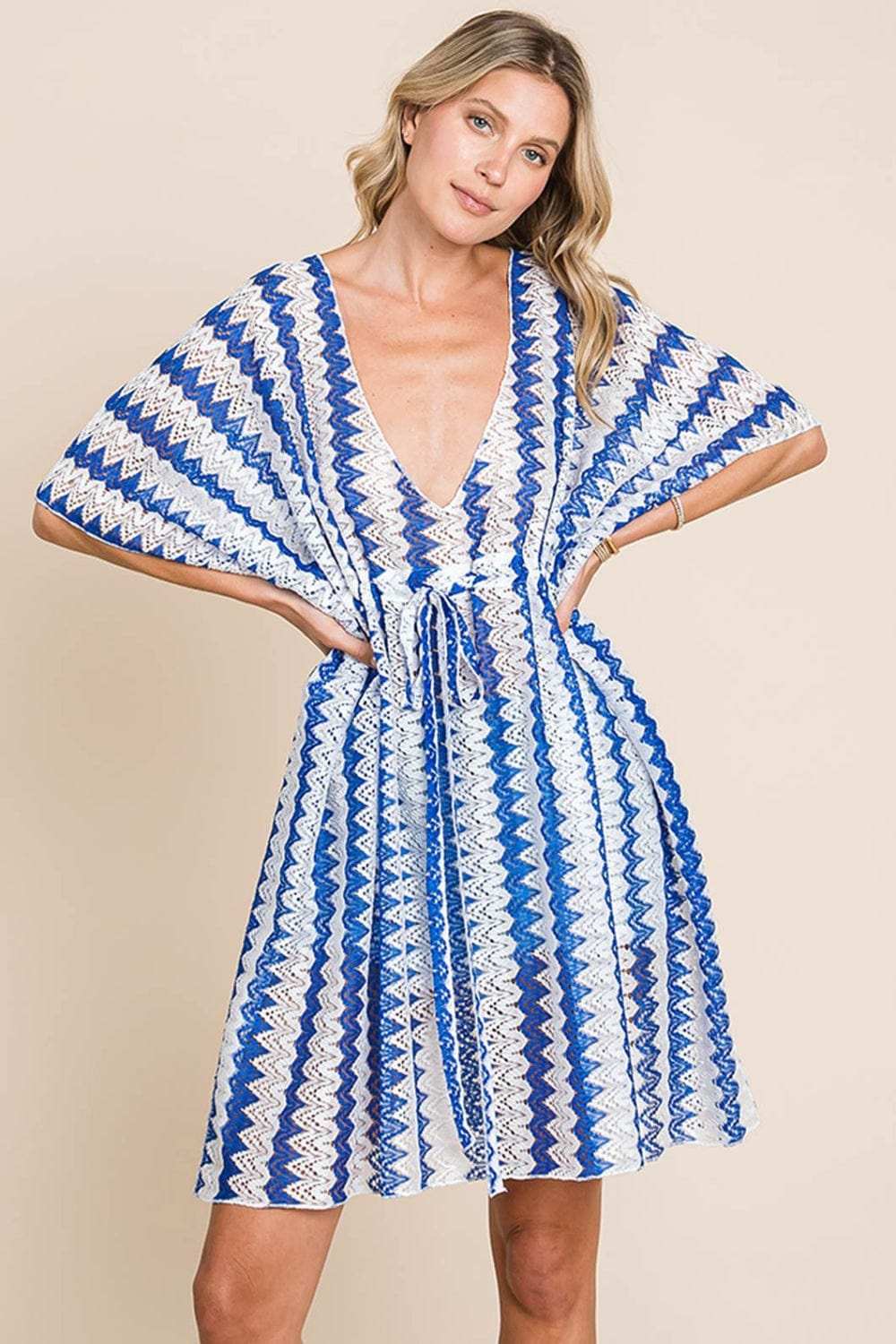 Cotton Bleu by Nu Lab Tied Striped Plunge Half Sleeve Cover-Up - Trendsi - Flyclothing LLC