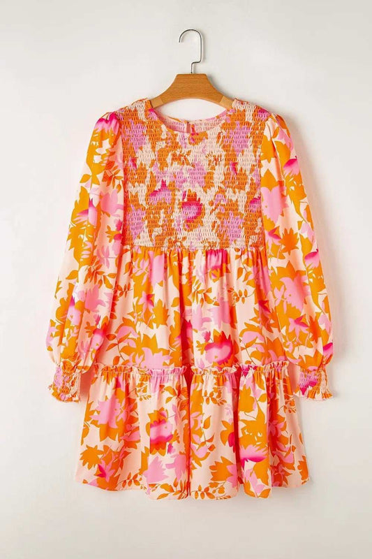 Frill Printed Long Sleeve Mini Dress - Trendsi - Flyclothing LLC
