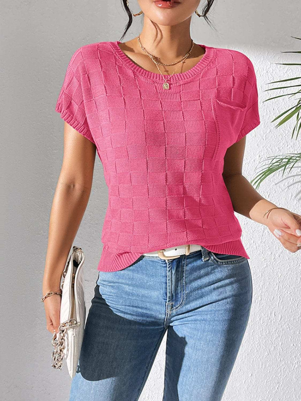 Round Neck Short Sleeve Knit Top - Trendsi - Flyclothing LLC
