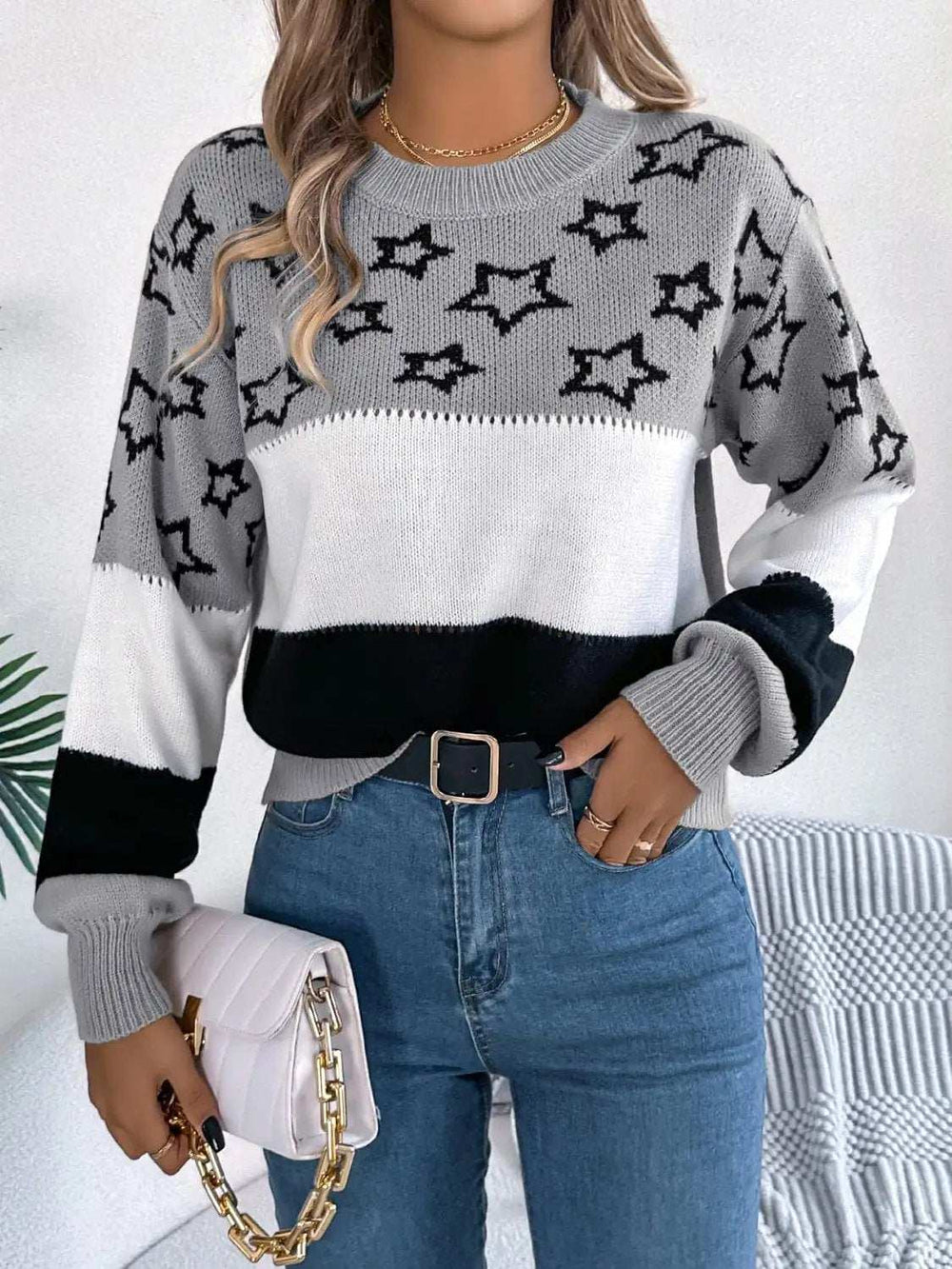 Star Contrast Round Neck Sweater - Trendsi - Flyclothing LLC