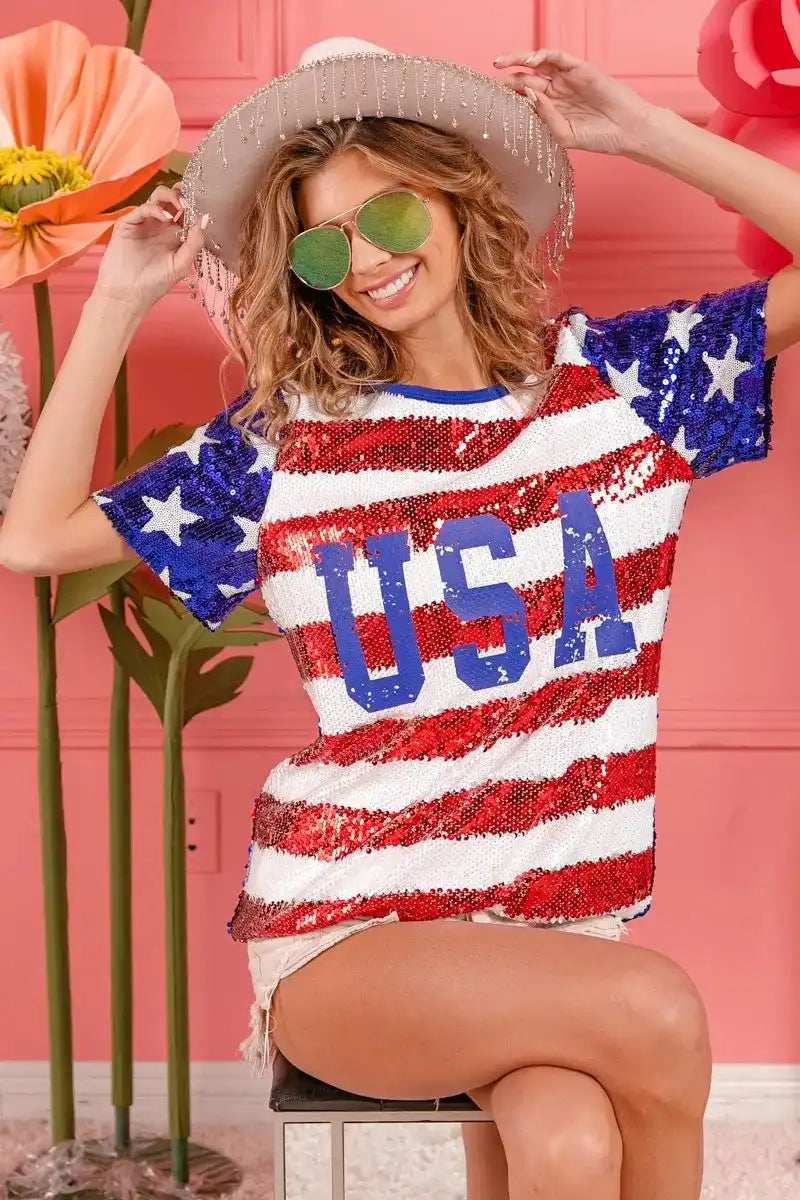 BiBi American Flag Theme USA Lettering Sequin Top - Trendsi - Flyclothing LLC