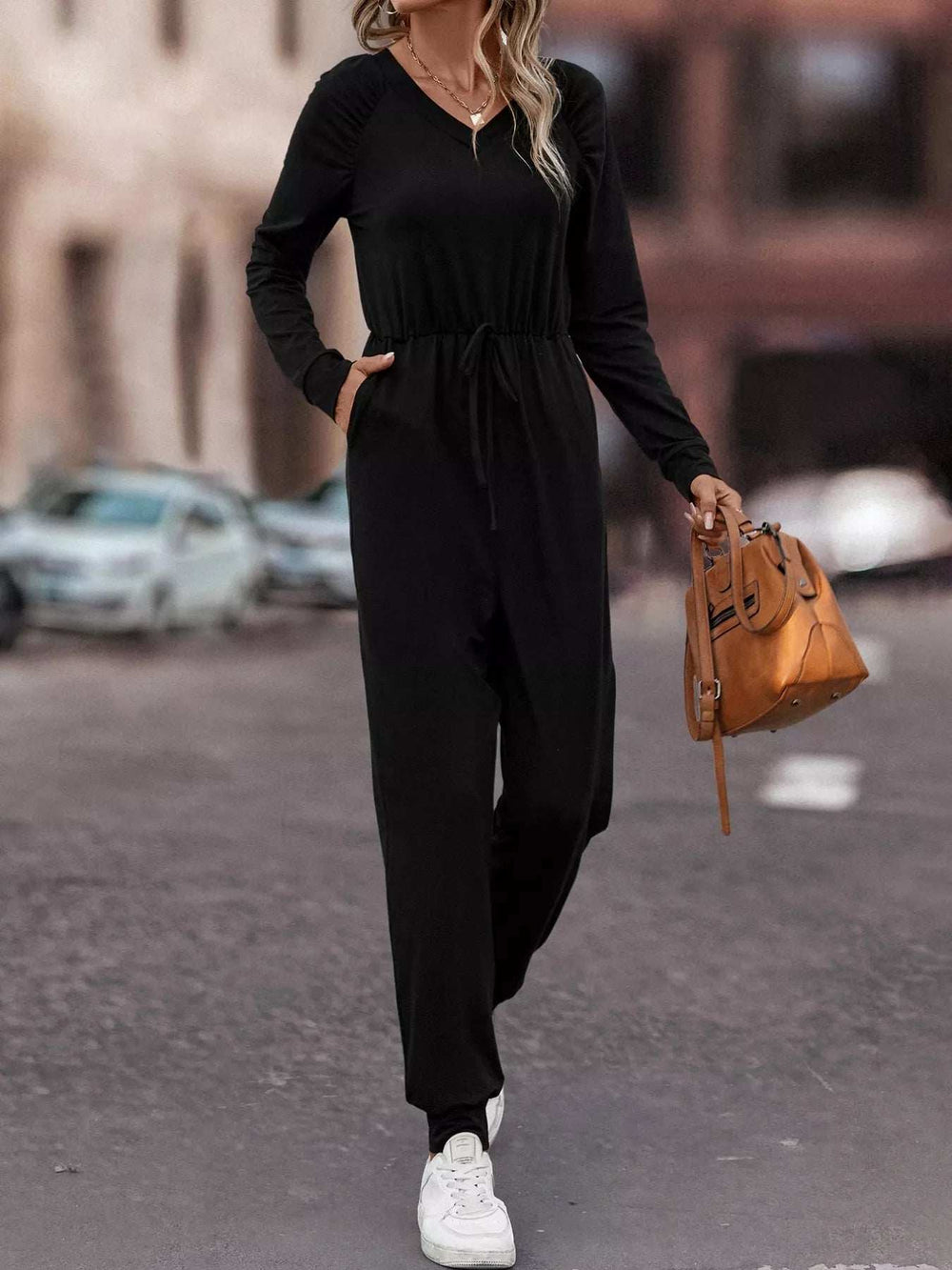 Casual Long Sleeve Drawstring Waist Jumpsuit - Trendsi - Flyclothing LLC
