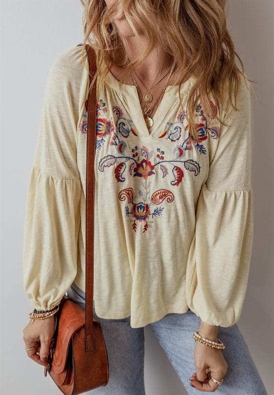 Embroidered Notched Long Sleeve Blouse - Trendsi - Flyclothing LLC