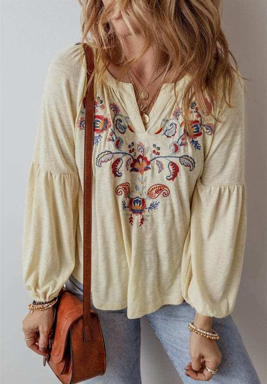 Embroidered Notched Long Sleeve Blouse - Trendsi - Flyclothing LLC