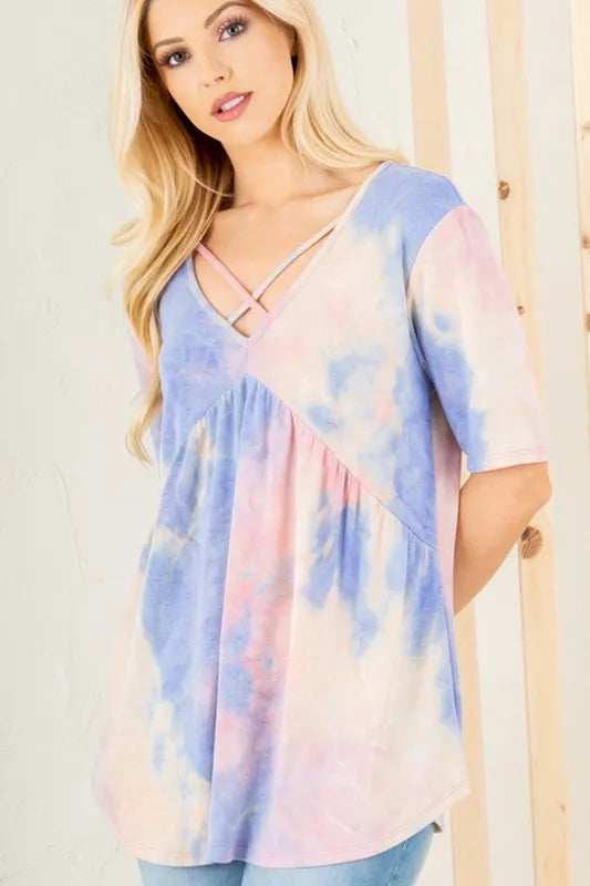 Heimish Full Size Crisscross Tie Dye Babydoll Top Plus Size - Trendsi - Flyclothing LLC