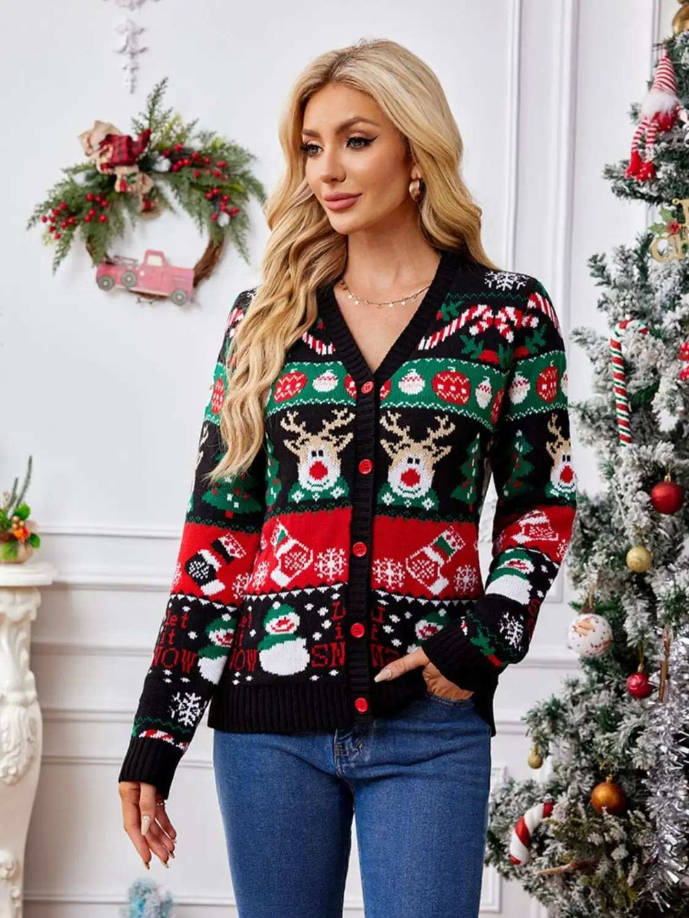 Reindeer Button Up Long Sleeve Cardigan - Trendsi - Flyclothing LLC