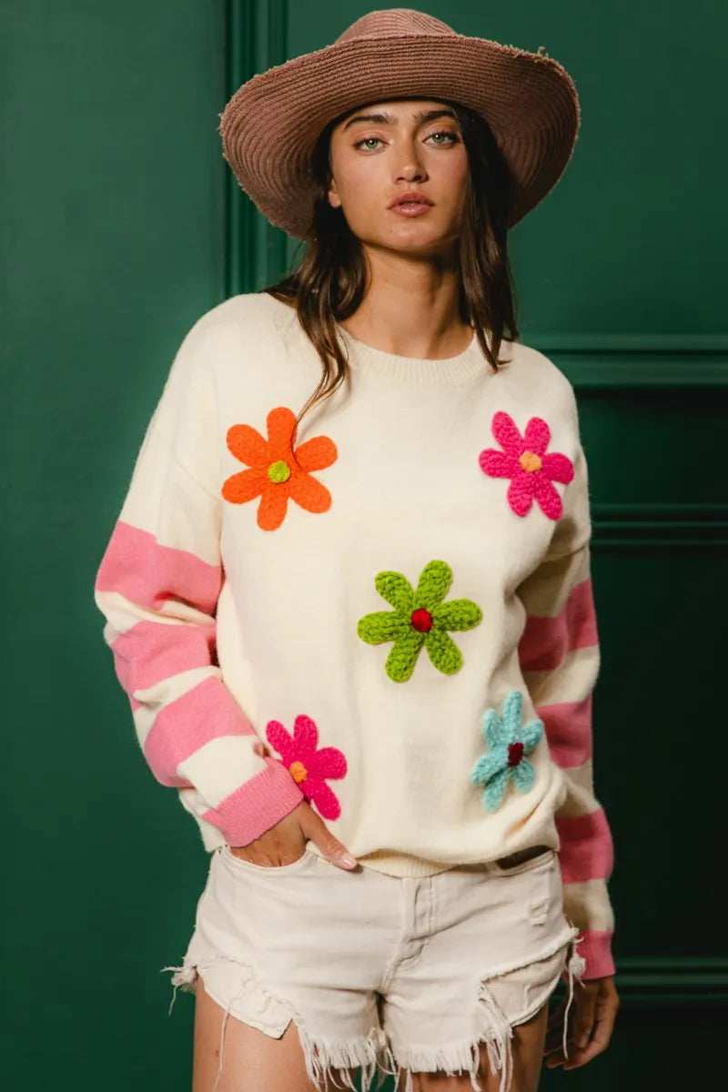 BiBi Colorful Floral Patched Sweater with Striped Sleeve - Trendsi - Flyclothing LLC