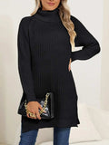 Slit Turtleneck Long Sleeve Sweater - Trendsi - Flyclothing LLC
