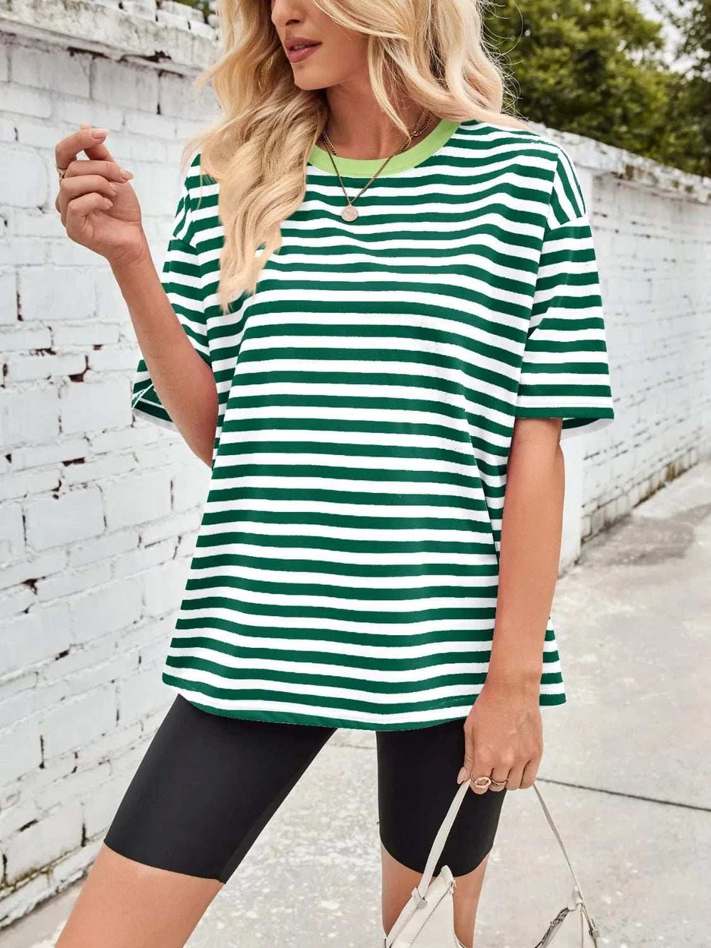 Contrast Striped Round Neck T-Shirt - Trendsi - Flyclothing LLC