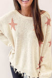 Contrast Star Raw Hem Long Sleeve Knit Top - Trendsi - Flyclothing LLC