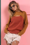 BiBi Color Block Sweater Knit Top With Cut Out Neck - Trendsi - Flyclothing LLC