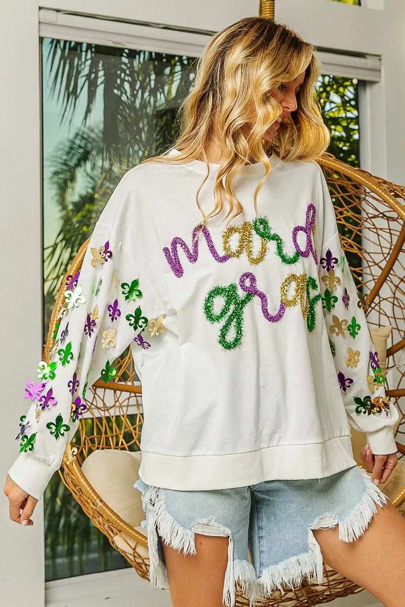 BiBi Fleur De Lis Sleeve Mardi Gras Pullover - Trendsi - Flyclothing LLC