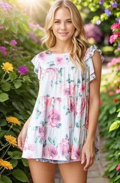 Heimish Full Size Butterfly Short Sleeve Round Neck Floral Print Tiered Top Plus Size - Trendsi - Flyclothing LLC