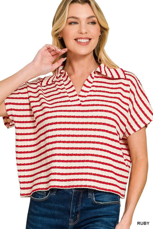 Zenana Striped Split Neck Collared Top - Trendsi - Flyclothing LLC