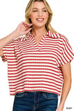 Zenana Striped Split Neck Collared Top - Trendsi - Flyclothing LLC