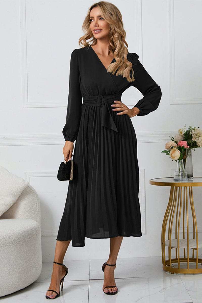 V-Neck Long Sleeve Tie Waist Midi Dress - Trendsi - Flyclothing LLC