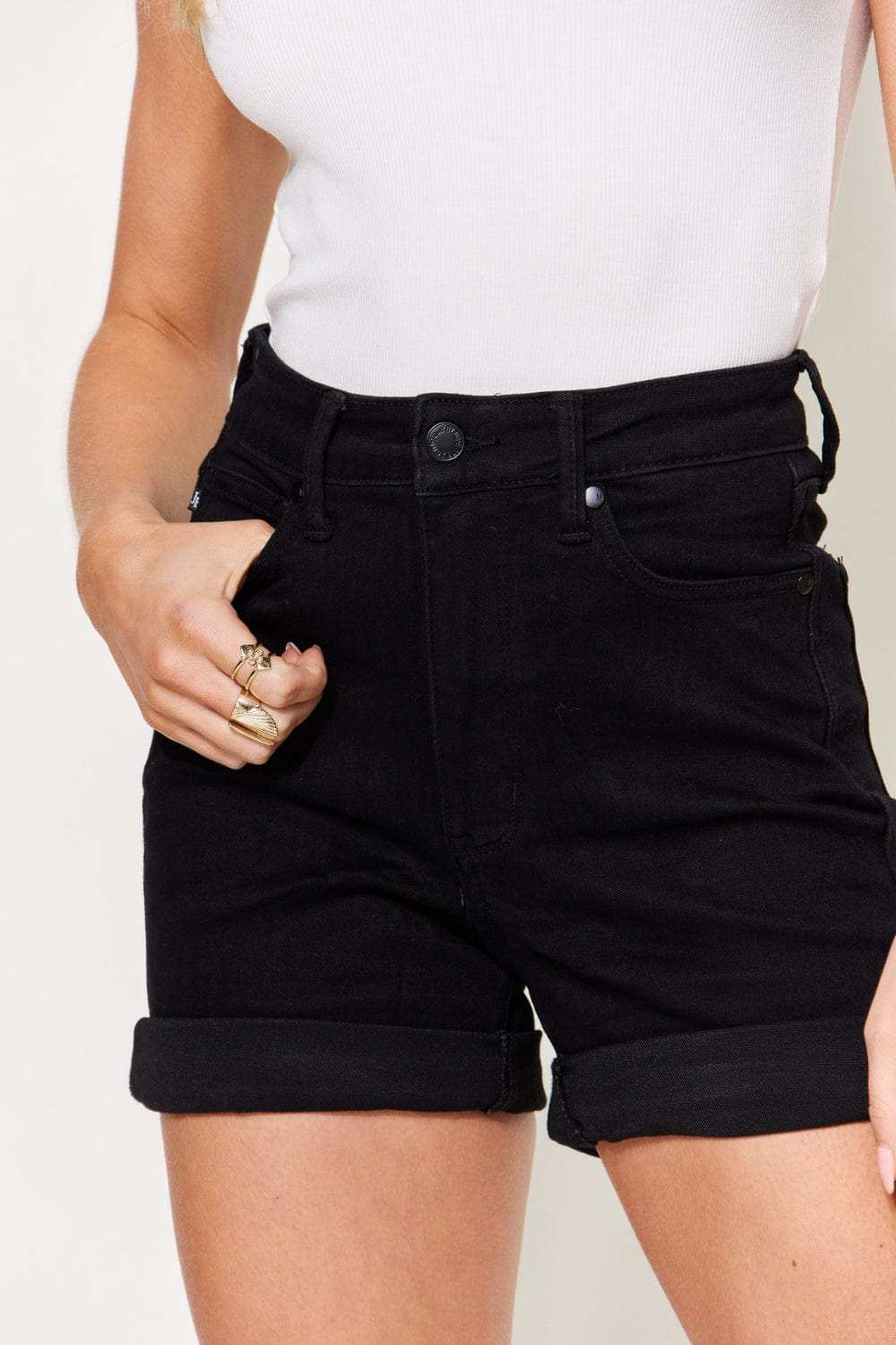 Judy Blue Full Size High Waist Tummy Control Cuffed Denim Shorts - Trendsi - Flyclothing LLC